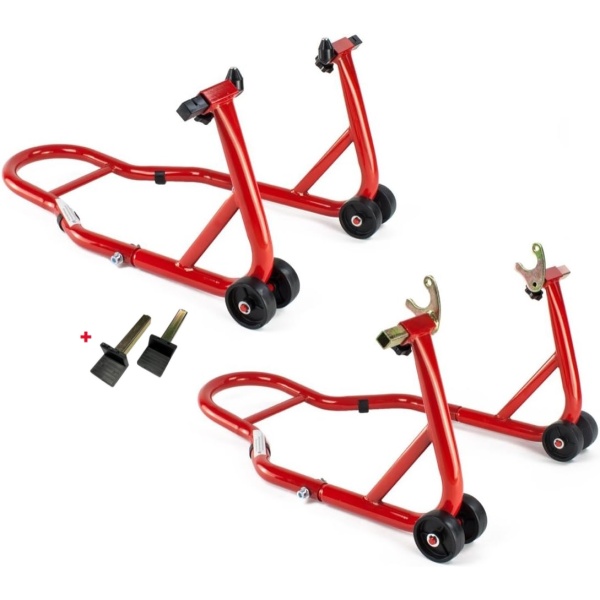 Set Stand Roata Moto Fata + Spate Ricambi Front + Rear Paddock Stand Universal Rosu RWSTVK2